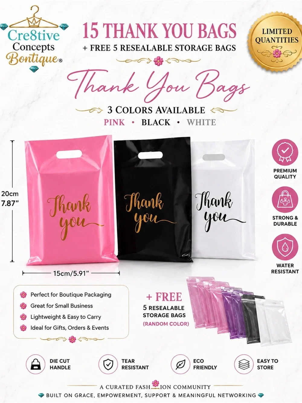15 Thank You Boutique Bags + FREE 5 Resealable Storage Bags (Total 20pcs)